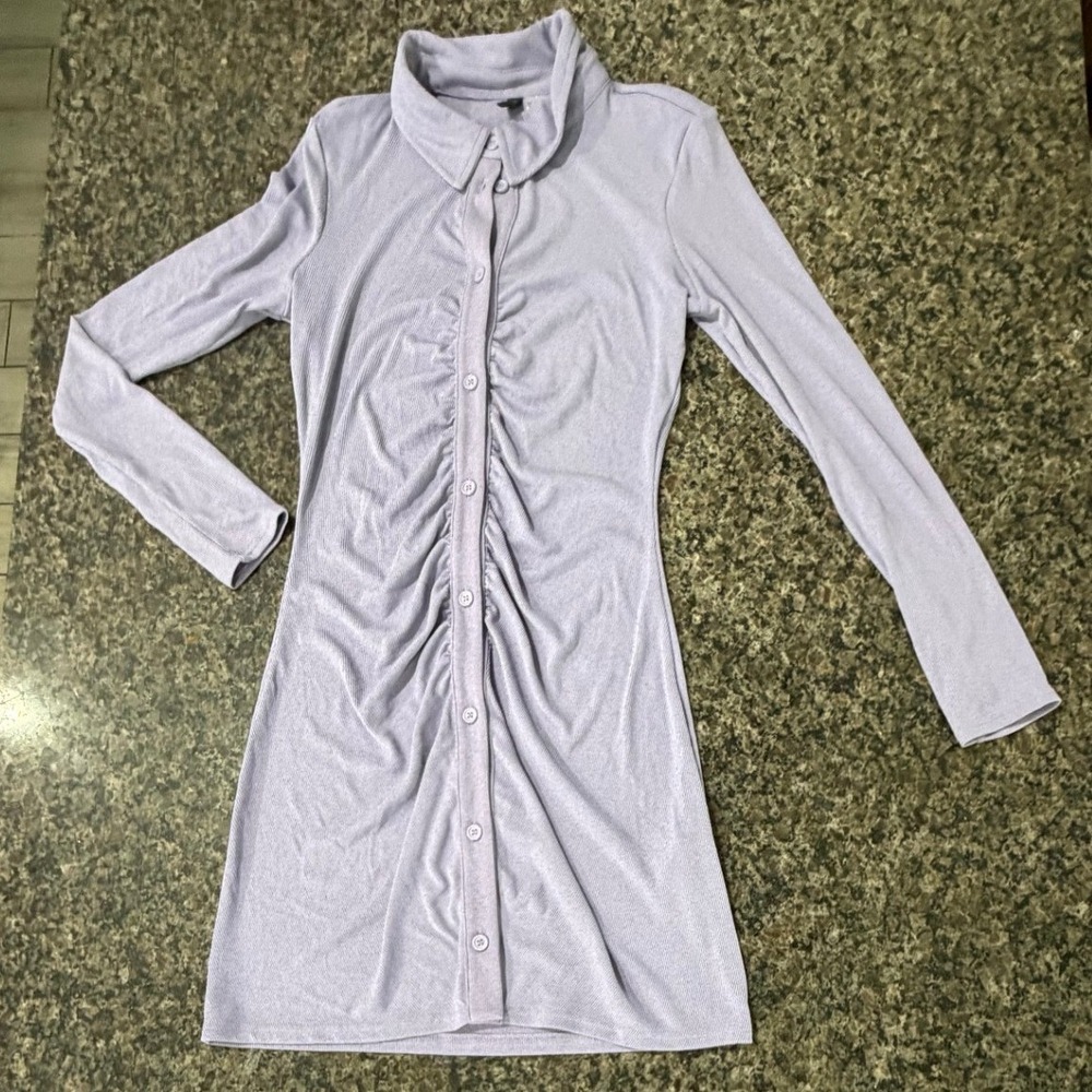 HM Divided Lavender Ribbed Button Front Ruched Mini Dress Long Sleeve Purple